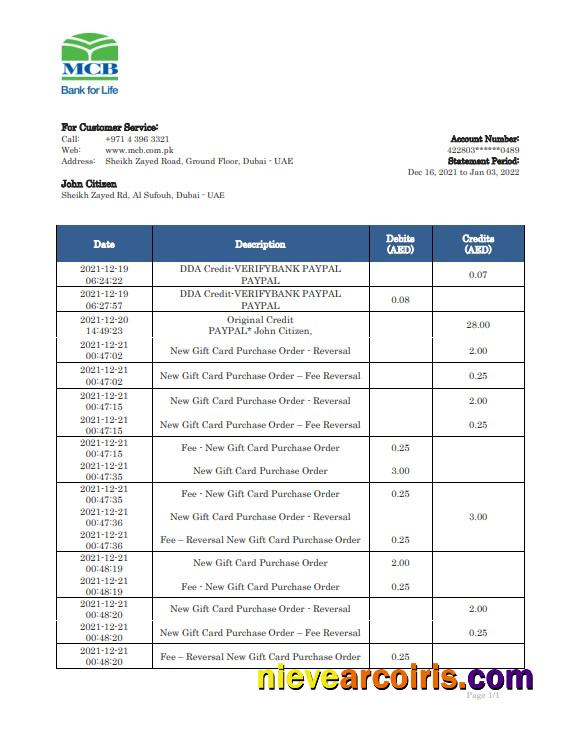 United Arab Emirates MCB bank statement in Word and PDF format